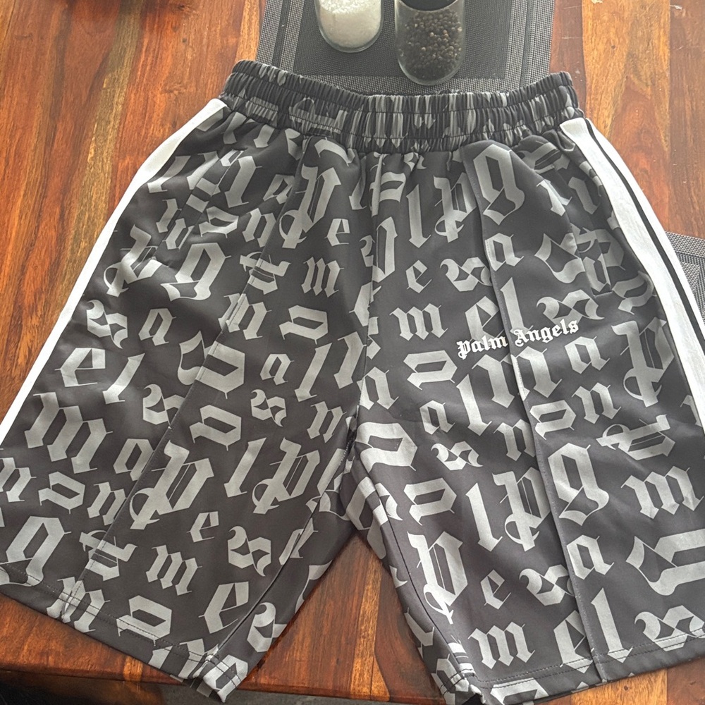 Palm Angels Black & White Gothic Logo Athletic Shorts
